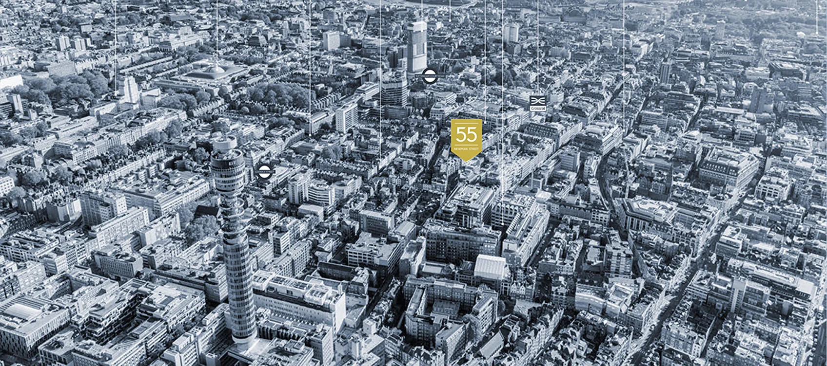 Aerial view showing 55 Newman Street in Fitzrovia
