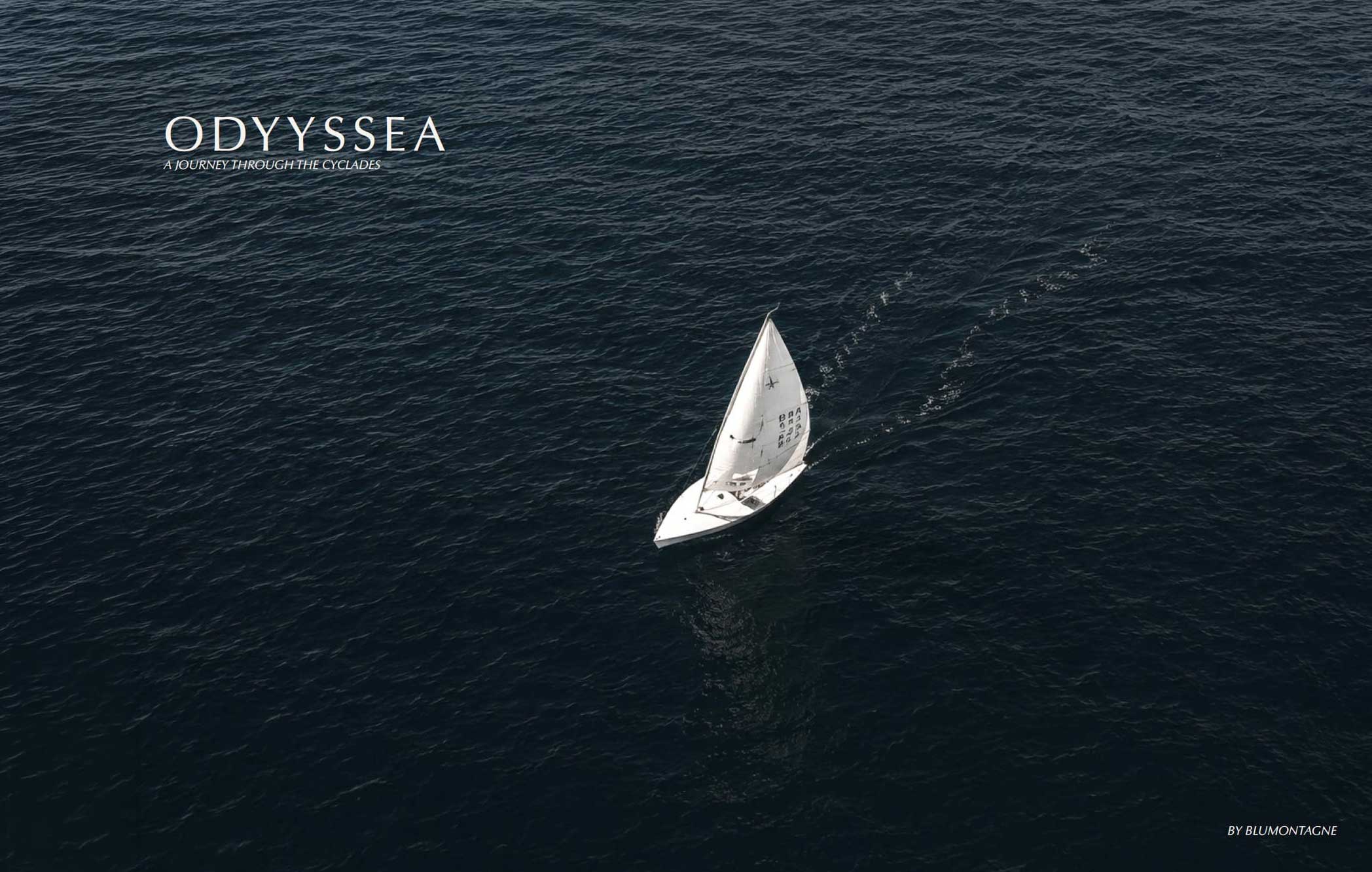 Aerial view of a sailing boat with the Odyysea logo and A Journey Through the Cyclades strapline