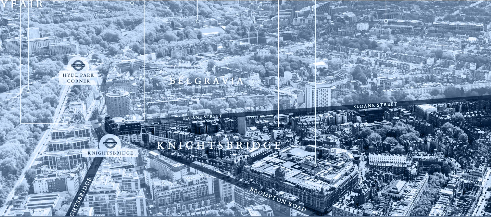 Aerial view showing 30 Pavilion Road in Knightsbridge